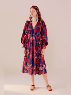 farm rio blue sunset tapestry dress Bloom Tapestry Black Long Sleeves Mini Dress by Farm Rio main image 1